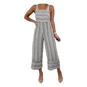 Japna Cropped Wide Leg Jumpsuit Black White Striped Knit Smocking XS